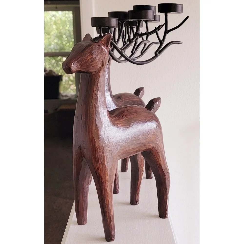 Reindeer Candle Holder Set 5 Tealight‎ Candles Faux Wood/Metal Christmas Holiday